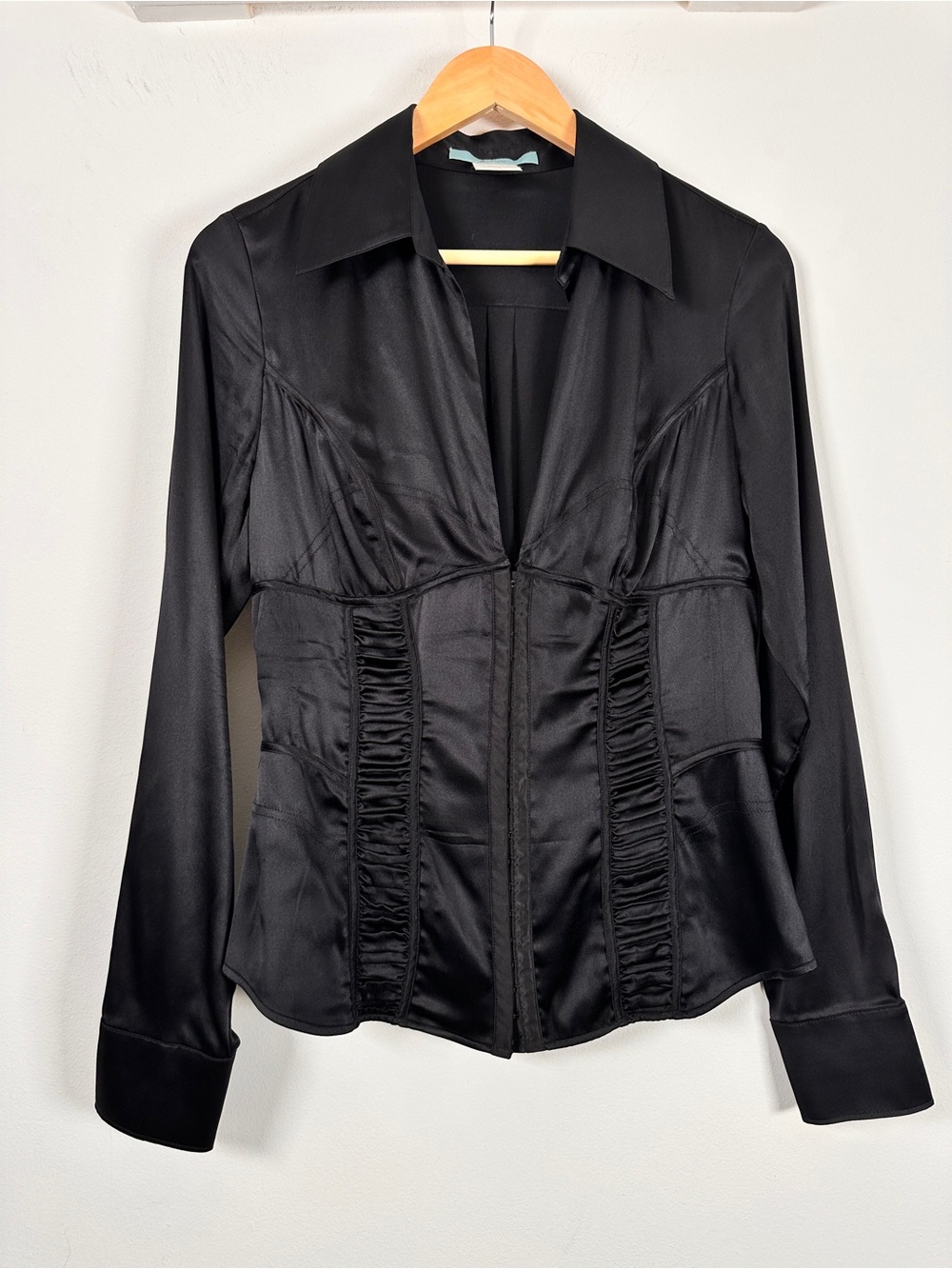 Marciano Black Silk Corset Blouse Fitted Satin Y2K Top Size L Evening Shirt